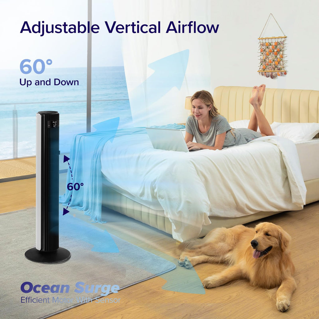 LEVOIT Classic 36 inch Tower Fan for Bedroom, 25ft/s Airflow Standing Fan that Blows Cold Air for Home, 90° Oscillation, Quiet 28dB, Remote, 12H Timer, 5 Speeds, 4 Modes with Smart Sensor, Black
