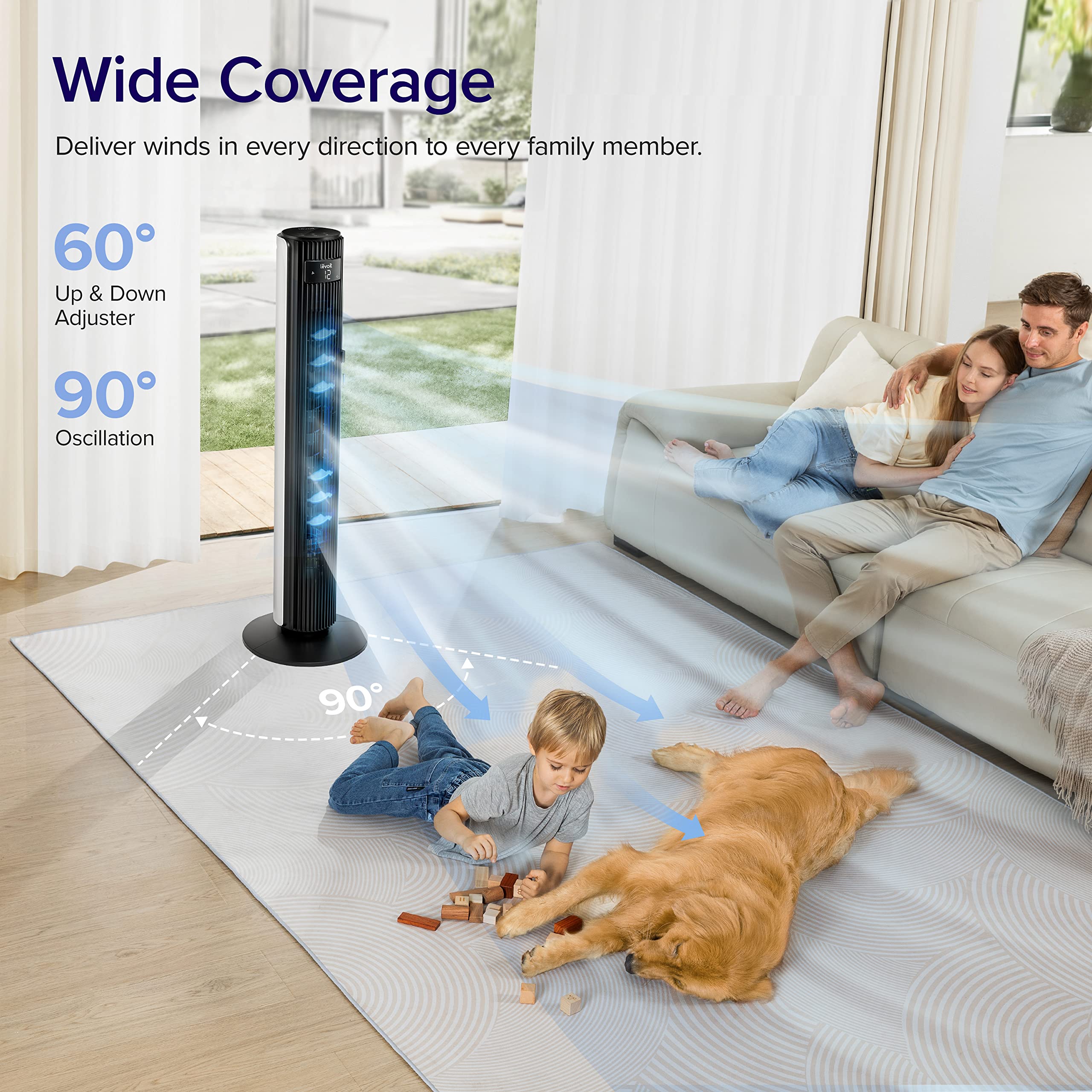 LEVOIT Classic 36 inch Tower Fan for Bedroom, 25ft/s Airflow Standing Fan that Blows Cold Air for Home, 90° Oscillation, Quiet 28dB, Remote, 12H Timer, 5 Speeds, 4 Modes with Smart Sensor, Black